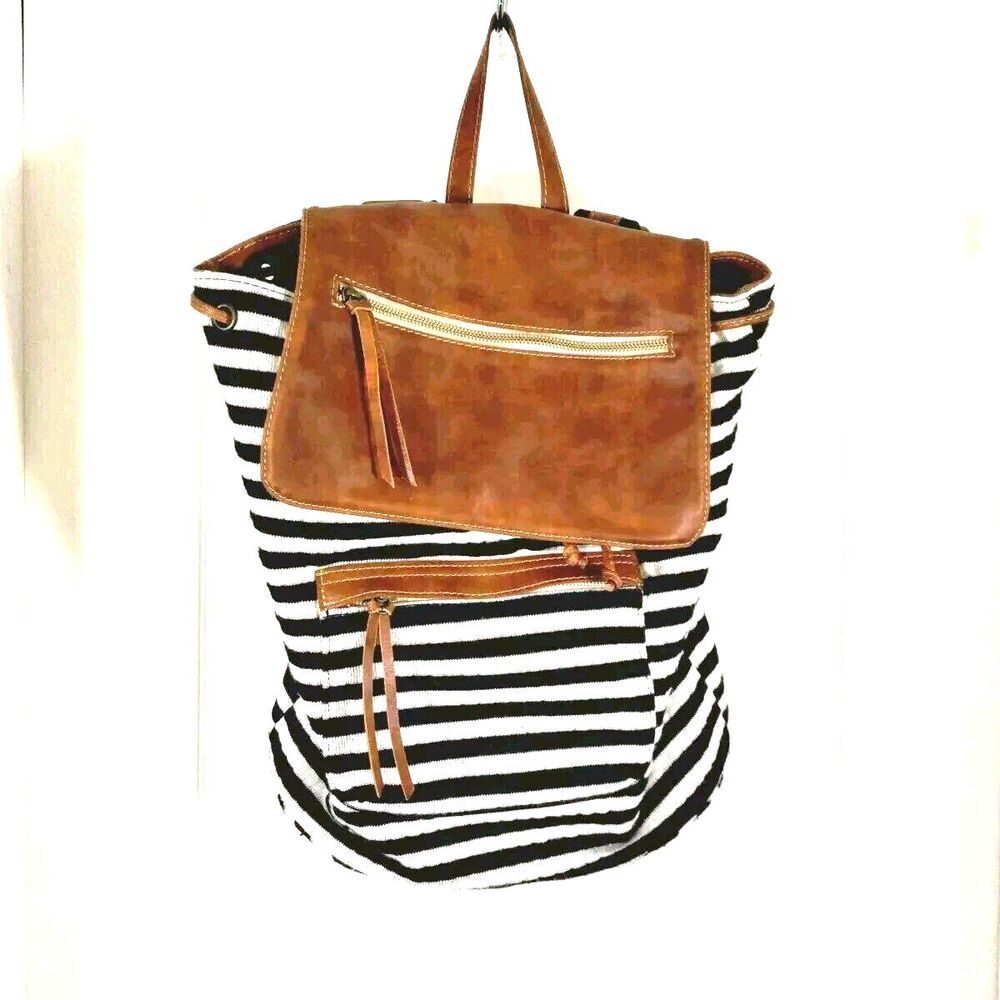 Womens Backpack Handbag Black White Striped Casual Pockets Drawstring